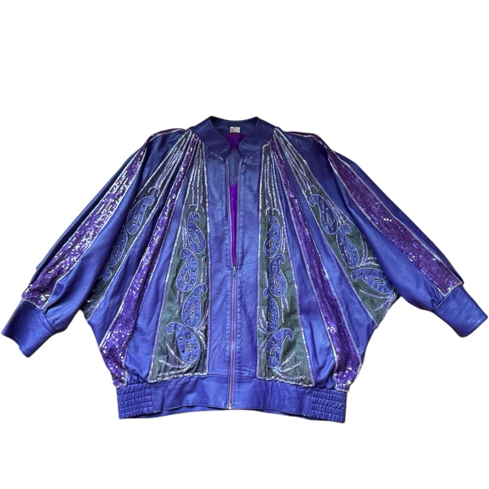 Iridescent Purple and Blue Bomber Jacket with Wide Sleeves